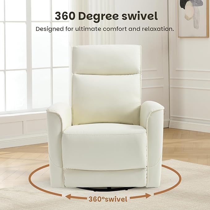 CANMOV Rocker Recliner Chair360°Swivel Nursery Glider ReclinerManual Recliner Sofa with Padded Armrest and BackrestLeather Recliner for Small SpacesLiving RoomBedroom (White)