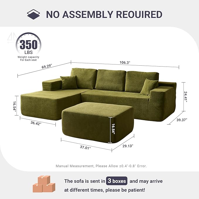106 Cloud Sectional Couch with Comfy Chaise and OttomanCloud Velvet Boneless Couches for Living RoomL Shape Sofa in A Box No Assembly RequireGreen