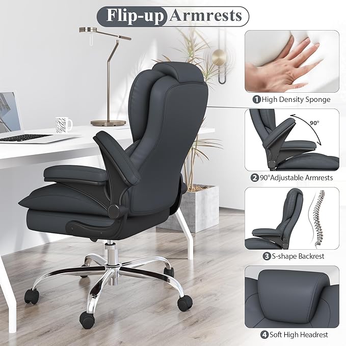 Office Desk Chair Executive Leather Office Chair High Back Ergonomic Home Desk Chair with Padded Flip-up Arms Big and Tall Computer Chair with Rocking Function 360°Swivel Free Gray