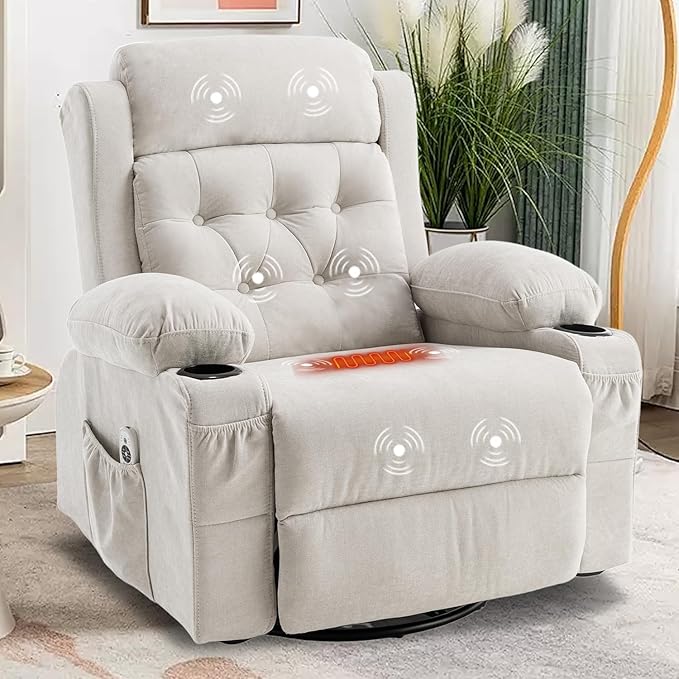 Rocker Swivel Recliner Chair with Massage and Heat Rocking Nursery Recliners Overstuffed Lounge Chair for Living Room Manual Recliner Mid Century Sofa Chairs with Cup Holders White