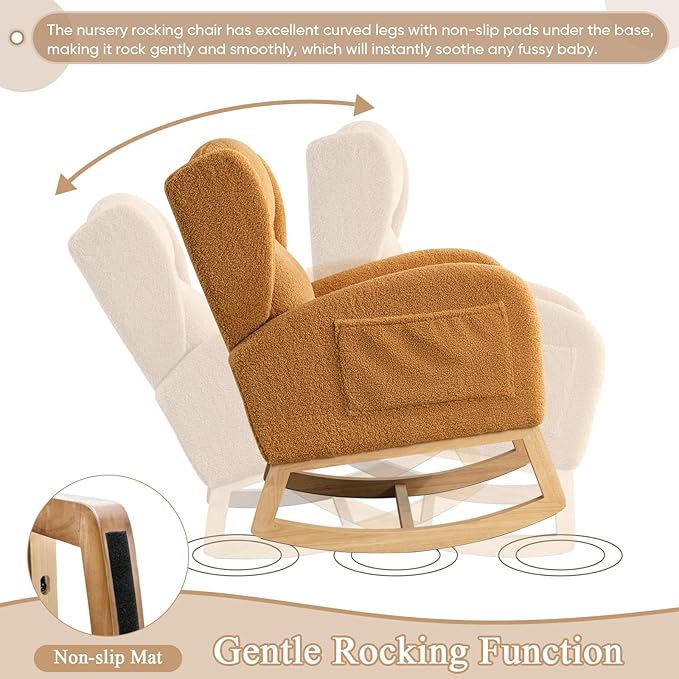 Rocking Glider Chair for Nursery Wingback Teddy Accent Rocker Chair Upholstered Tall Back Arm Chair w/Side Pockets Modern Leisure Single Sofa for Living Room Hotel Bedroom Baby Room Khaki