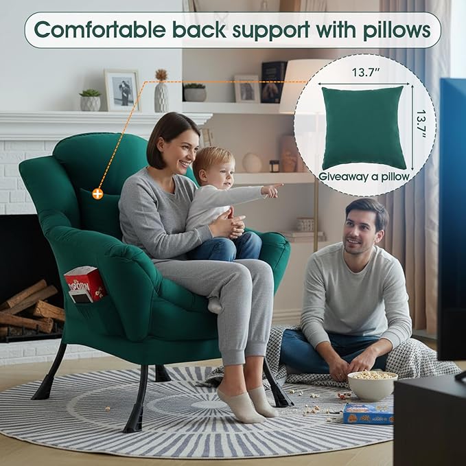 Lazy Chair for Living Room Large Dark Green Accent Chair with a Throw Pillow Leisure Sofa Chair Set Comfy Reading Chair for Bedroom Dorm Room Office