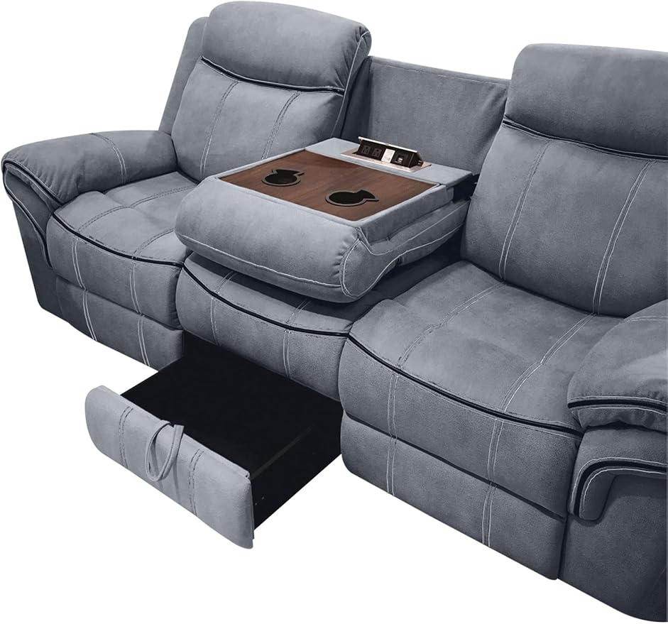 Acme Furniture Zubaida 41 x 87 Modern Velvet Reclining Sofa with USB Dock 1 Storage Drawer Tight Back &amp Seat Cushion in 2-Tone Gray Finish