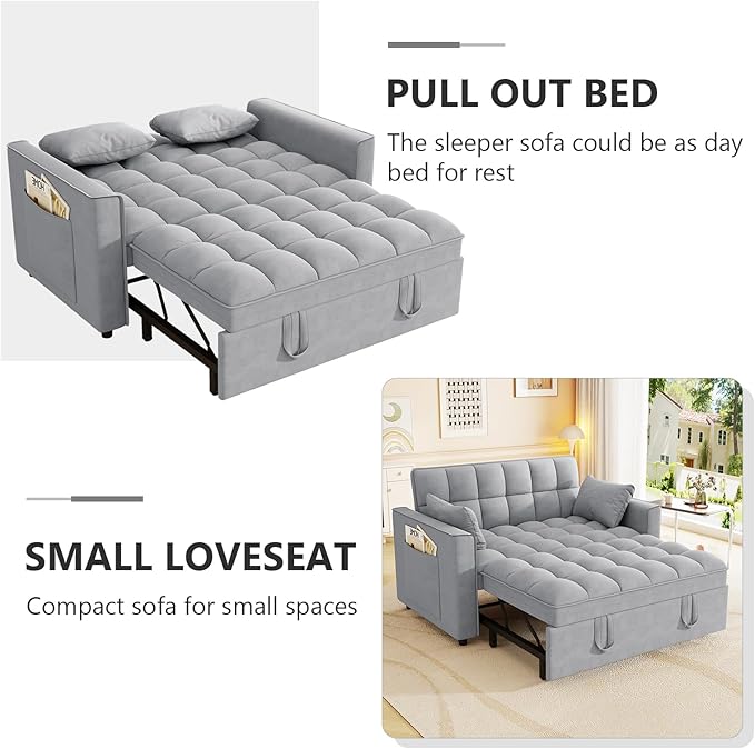 Hommoo 53 Sleeper Sofa Bed Pull Out Couch Convertible 3 in 1 Futon Lounge Sofa Small Love Seat for Living Room Apartment Comfy Velvet Reclining Back with Pillows and Pockets Light Grey