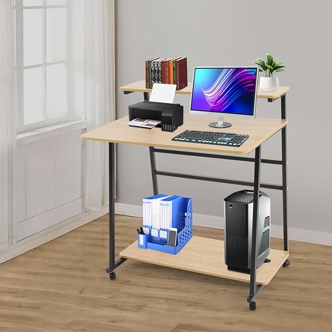 Small Office Mobile Computer Desk 3-Tier Laptop Table with Storage Shelves Tiny Computer Desk with Wheels for Home Office Bedroom Living Room Studio (Log Color+Black)