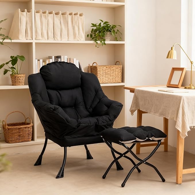 HollyHOME Lazy Chair with Foldable Ottoman Accent Comfy Lounge Armchair and Folding Footrest Stool Leisure Sofa Reading Chair and Footstool for Living Room Bedroom DormBlack
