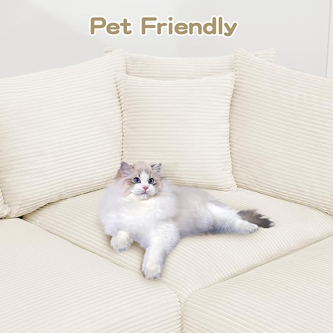 116.9 Modular Section 3 Seater L-Shaped Corner Sofa Convertible Modern Corduroy Couch with Wide Armrest and Deep Seat Solid Wood Frame Boneless Sofa with 12 Pillows Beige