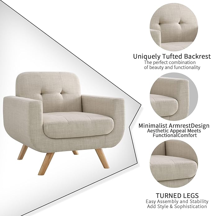Rosevera Elena Contemporary Accent Armchair with Linen Upholstery Living Room Furniture Light Beige