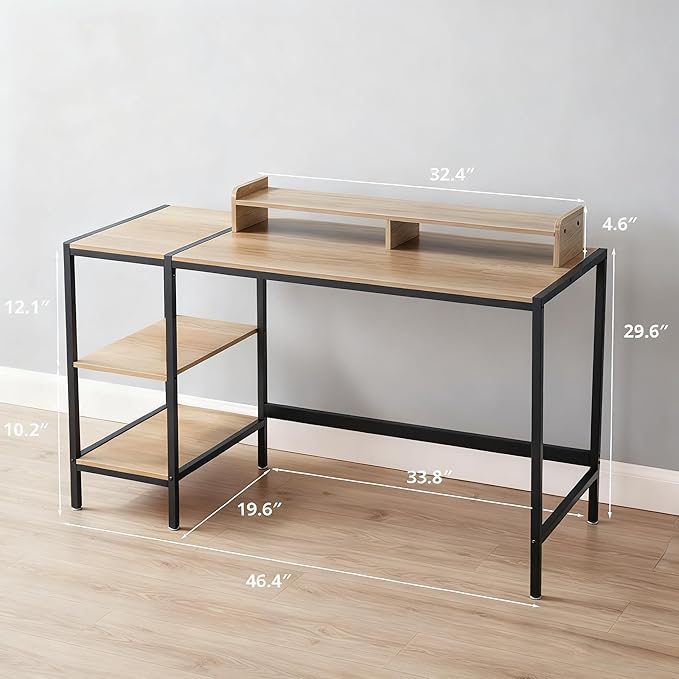 47-inch Computer Desk with Storage Shelf - Natural Wood Ideal Gaming Desk for Bedrooms Small Spaces and Home Offices Modern Writing Desk for PCs.