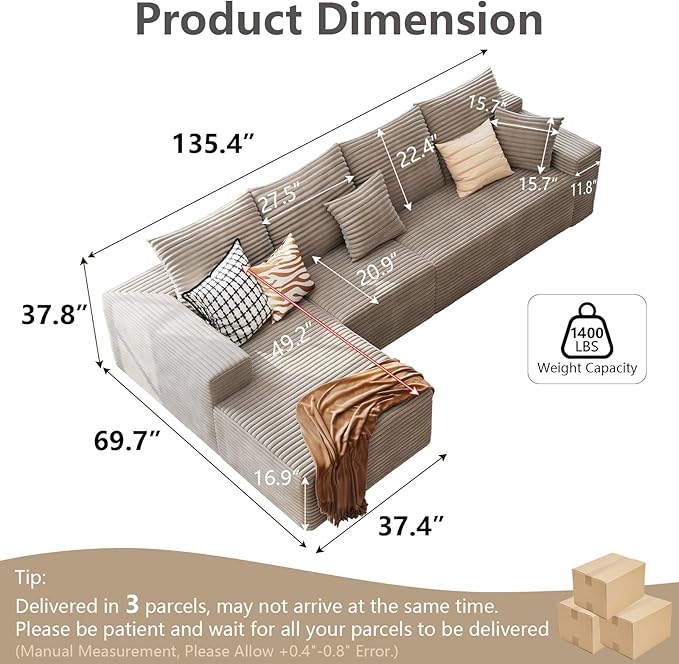 135.4 Cloud Sectional Couch with L-Shape Chaise Modern Modular 4-Seater Sofa with Deep Seat Corduroy Upholstered Couches for Living Room Bedroom No Assembly Required(Camel Left Facing)