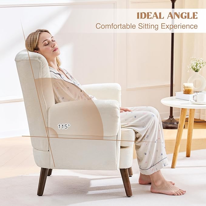 Chenille Wingback Accent Chairs Set of 2 Mid-Century Modern Living Room Armchair with Removable Cushions High Wingback Reading Chair Upholstered Comfy Chair for Living Room BedroomBeige