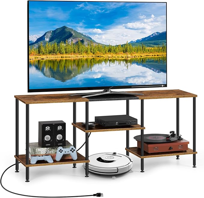 TV Stand for Bedroom 50 Inch TV Stand with Power Outlet 3 Tier Entertainment Center with Storage TV Console Table for 50 43 40 32 Inch TV Rustic Brown