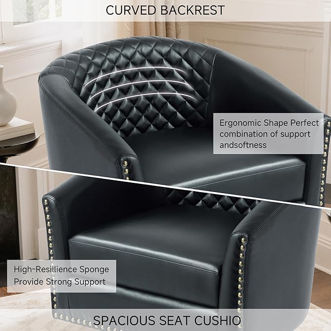 Swivel Barrel Accent Chair Faux Leather Club Chair for Living Room Modern Upholstered Round Armchair Side Chair for Bedroom Office-Black