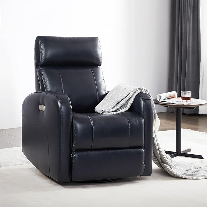 CHITA Genuine Leather Power Swivel Glider Recliner Chair for Adults FSC Certified Electric Nursery Rocker Recliner Chair for Living Room Navy Blue