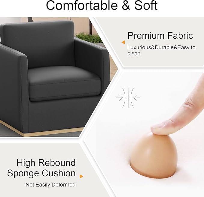 Swivel Barrel Chair Premium Comfy Round Accent Chair for Living Room Mid Century Modern Reading Chair for Adults Armchair for Small Spaces Bedroom Side Chairs for Home/Office/Leather Black