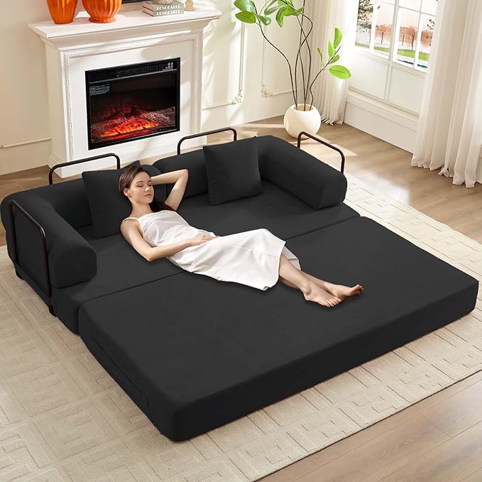 ijuicy 4-in-1 King Convertible Floor Sofa Bed w/ 2 PillowModular Sleeper Sofa/Folding Futon Couch Bed w/Cylindrical Backrest and Fixed FrameLounge CouchCorduroy Compression Sofas for Home-Dark Grey
