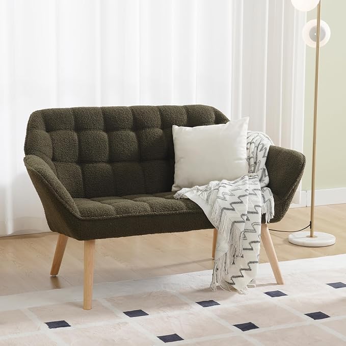 Small Loveseat Sofa 48 inch Sherpa Love Seat for Living Room Comfy Mini Couch with Wood Legs for Small Spaces Bedroom Apartment Office Dark Green