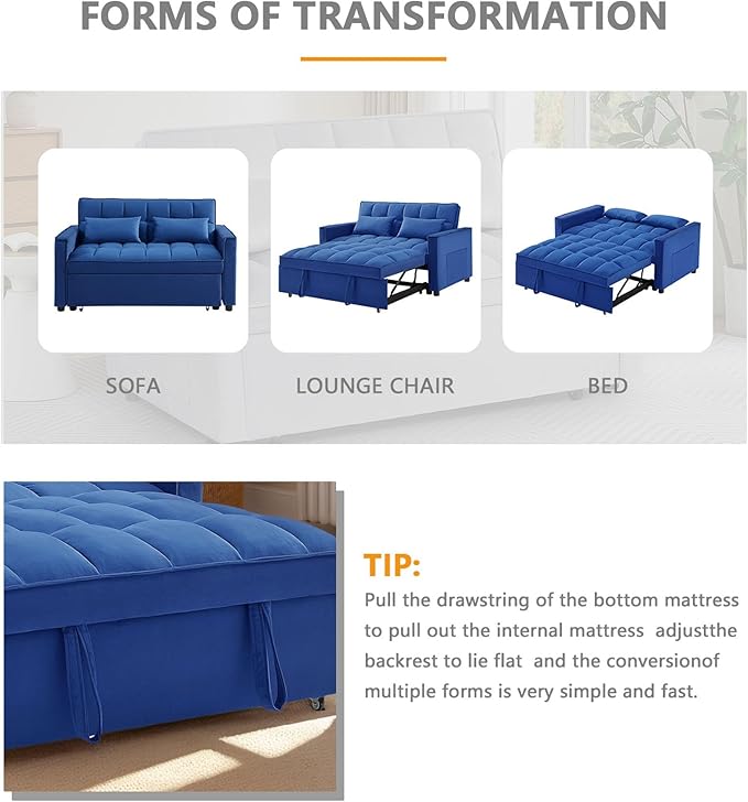 54 Convertible Sofa Bed Velvet Sleeper Sofa with Pull-Out Bed 3-in-1 Futon Couch with Reclining Backrest and Side Pocket Modern Loveseat for Living Room (Dark Blue)