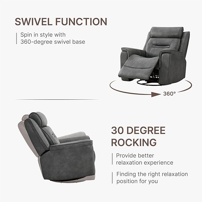 Leather Recliner Chair 360° Swivel Rocker for Adults Manual Rocking Reclining Chair with Adjustable Backrest Footrest for Living Room Bedroom Home Theater Seating