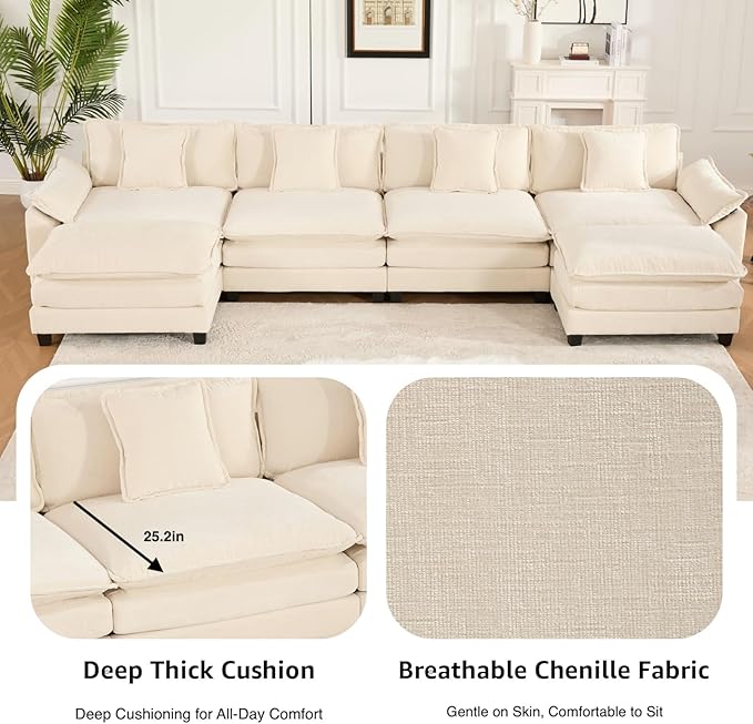 46.4 Modern Cozy Sectional Couches for Living Room Beige Chenille Comfy Cloud Couch Sectional 1 Seater Couch for Living Room Sofas para Sala U Shaped Sofas &amp Couches (Beige 1+0 Set)