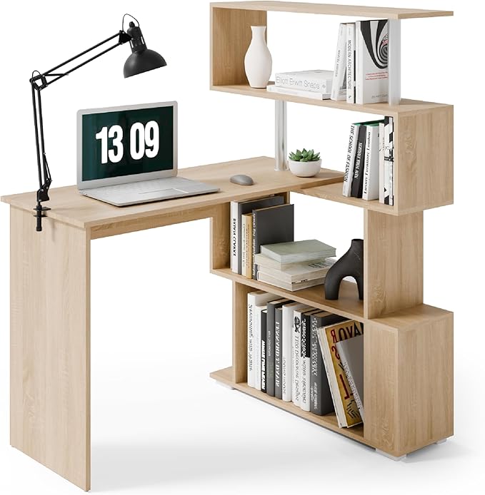 L Shaped Computer Desk Corner Desk 360 Degree Rotatable Space Saving Table with Spacious Storage for Home Office Workstation Study 157 x 45 x 130.5 cm Oak