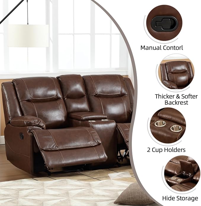EBELLO Genuine Leather Manual Loveseat Recliner Reclining Sofa Chair with Cup Holder Hidden Storage Couch Set for Living Room Bedroom FurnitureMeeting Room Brown (Loveseat)