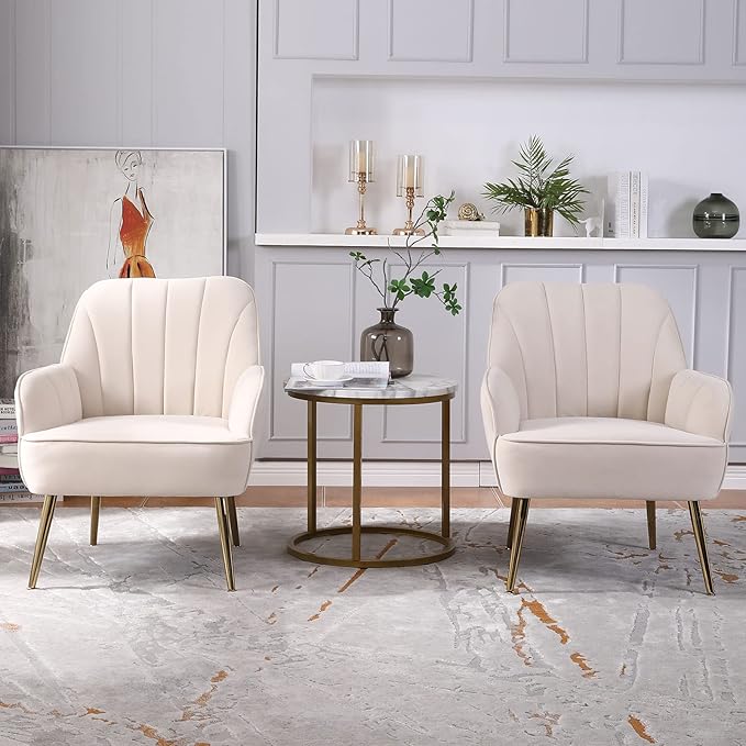 Velvet Accent Chair Set of 2Modern Comfy Upholstered Armchair Cozy Single Sofa Chairs with Gold Metal Legs for Living RoomReadingBedroomOffice(Beige)