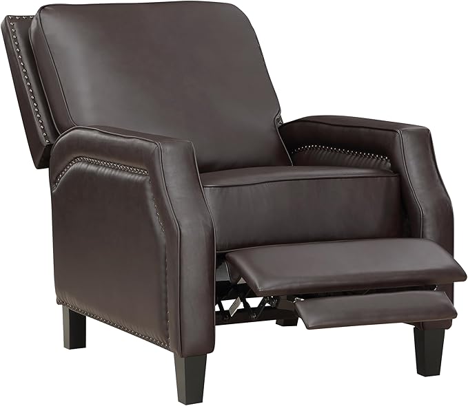 Push Back Reclining Chair Dark Brown Faux Leather Modern Living Room Chair for Relaxation Solid Wood Frame
