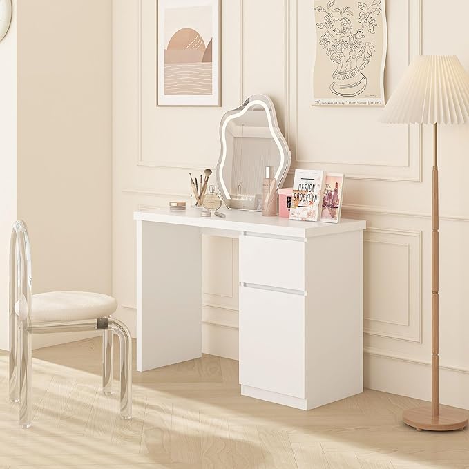 furtble White Desk with Drawers 43 Inch Small Cute Desk for Bedroom Home Office PC Desks Workstation Study Table Desks with Storage White