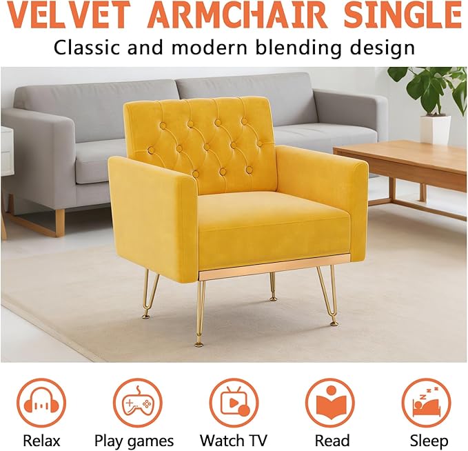Yellow Accent Chair for Living RoomBedroom | Mid Century Modern Velvet Armchair with Leg and Tufted BackComfy Small Single Reading Chair (Yellow)