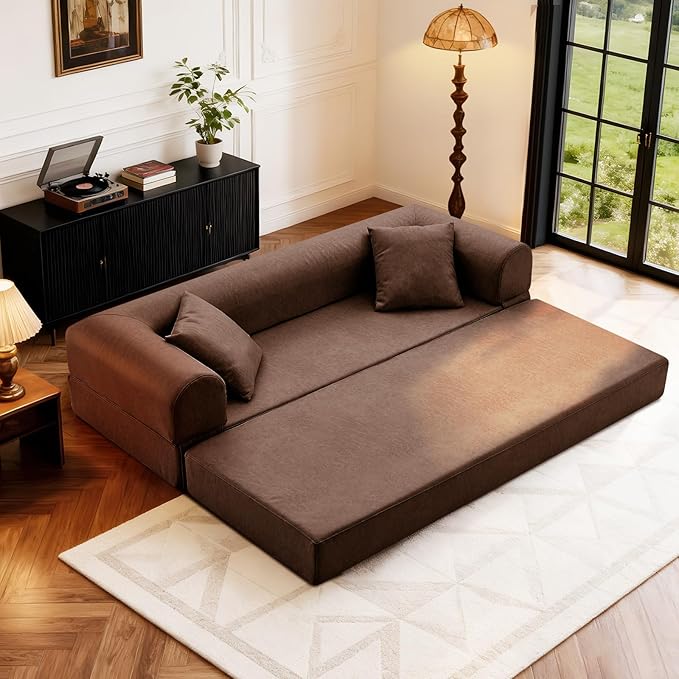 4-in-1 Folding Convertible Sofa Bed 78 Inch Faux Leather Boneless Couch Loveseat Sleeper with Pull Out Bed Floor Sofa Modular Futon Teddy Sofa for Living Room Bedroom Lounge Brown