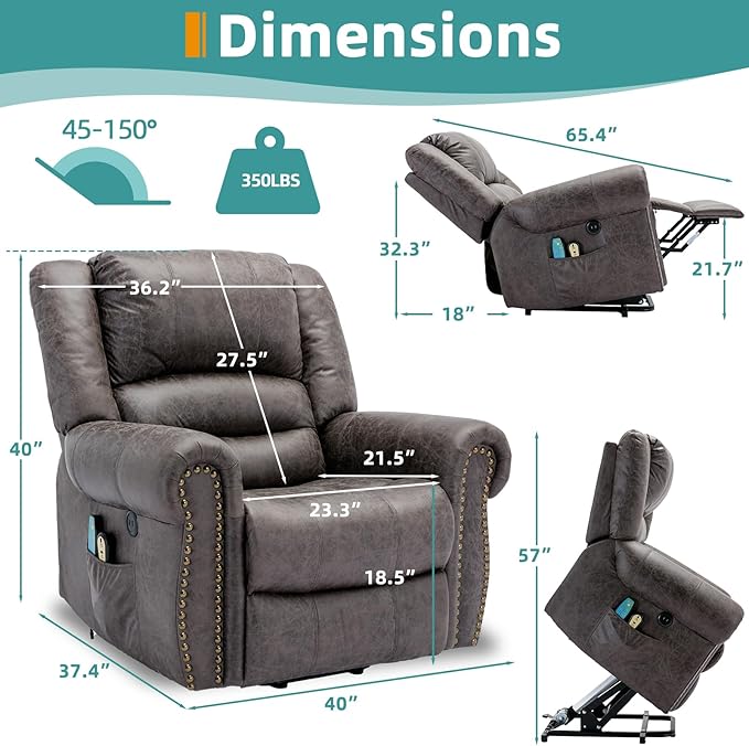 MEETWARM Large Power Lift Electric Recliner Chair with Massage and Heat Overstuffed Wide Recliner for Elderly Heavy Duty Recliner for Living Room with 2 Remote Controls/USB Ports/Side Pockets(Gray)