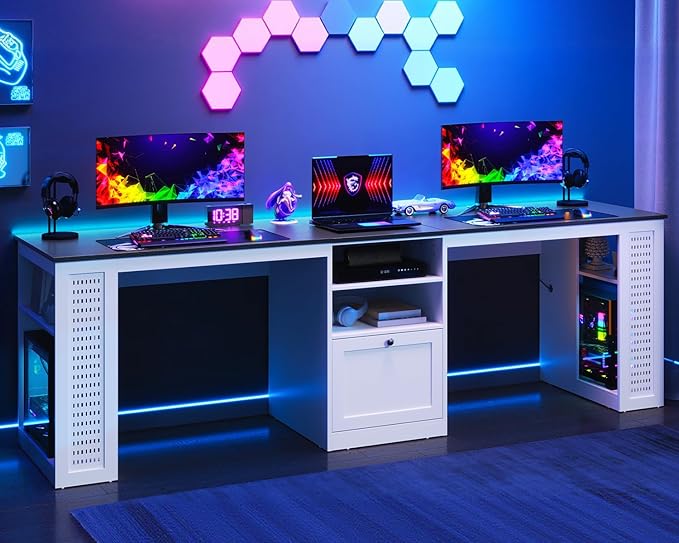 Farmhouse 96.5 Computer Desk for 2 Person Two Person Desk with Drawer &amp Shelves Long Writing Desk with Rising Table and Pegboard for Home Office Black and White