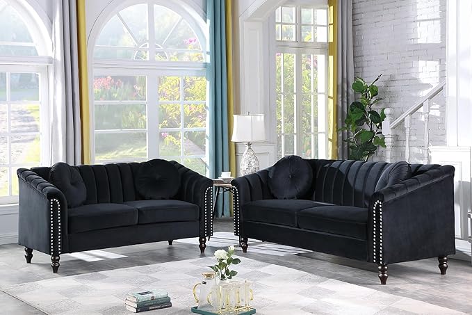 Chesterfield Sofa Set Luxurious Velvet Chesterfield Settee Couch SetSofa and Loveseat SetUpholstered Rolled Arm with Rivets/4 Button Tufted Pillow Modern Sofa Living Room SetBlack