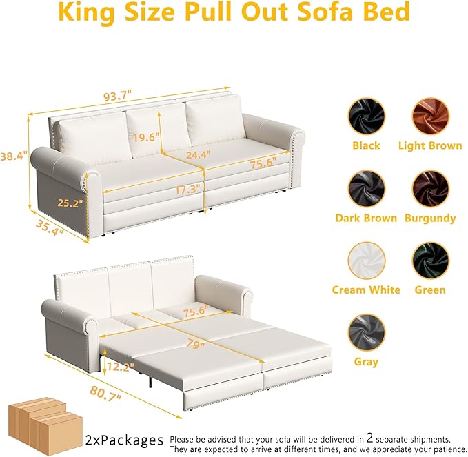 93.7 King Pull Out Sofa Bed Faux Leather Sleeper Sofa Couch 3 in 1 Convertible Futon Couches for Living Room Small Space Apartment Office Bedroom Modern Rivet Armrest Cream White
