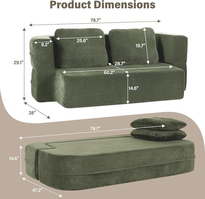 78 Convertible Sofa Bed with Blanket Boneless Cloud Couch Queen Scott Fabric for Living Room Bedroom Modular Loveseat with High-Density Solid Sponge No Assembly Green