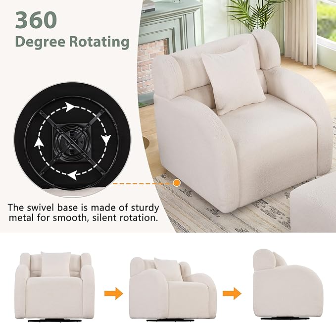 Generic Swivel Accent Chair with Ottoman Short Plush Particle Velvet Armchair360 Degree Swivel Barrel Chair with Footstool for Living Room Hotel Bedroom Office LoungeWhite