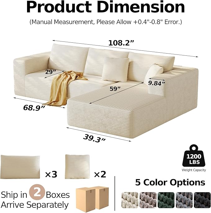 108'' Sectional Boneless Couches for Living RoomCloud Sectional Couch with L-Shape ChaiseModern Corduroy Modular Sofa with Deep SeatNo Assembly Required(Right Facing ChaiseBeige)