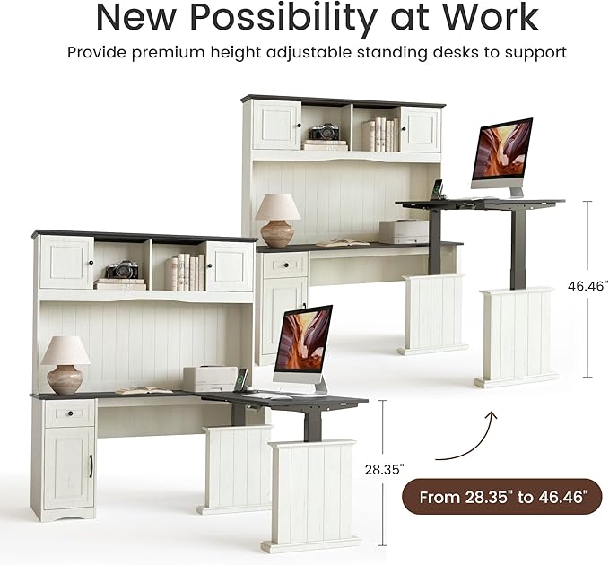 BANTI 60 Adjustable L Shaped Executive Desk with Hutch and Storage Cabinet Farmhouse Computer Desk with Charging Station Reversible Home Office Workstation Antique White