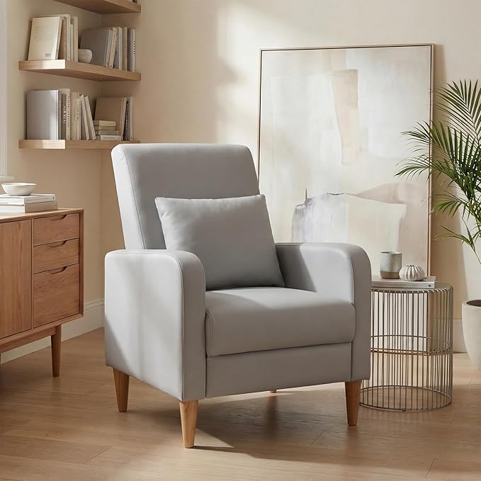 COLAMY Mid-Century Modern Upholstered Accent Chair with Back Pillow &amp Solid Wood Legs Leather Cozy Armchair for Living Room Bedroom Reading Nook Apartment &amp Small Spaces Lightgrey