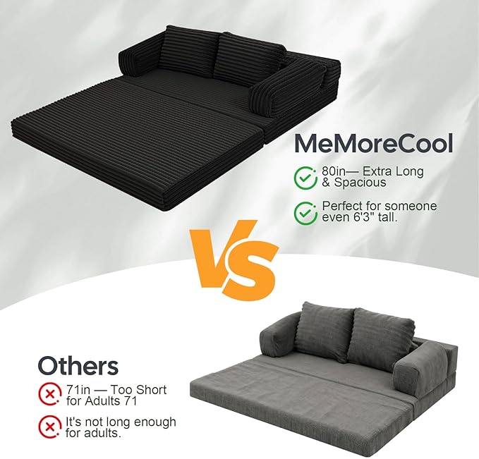 MeMoreCool Convertible Sofa Bed Black Folding Floor Couch Bed Queen Pull Out Sleeper Couch with Pillows Corduroy Fold Out Futon Sofa for Bedroom Living Room Small Space