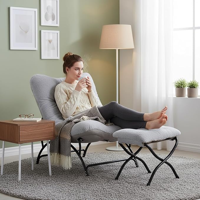 Tiita Accent Lazy Chair with Ottoman Comfy Lounge Chair with Metal Frame and Plush Fabric Thick Cushion Seated Cozy Recliner Chair for Reading Room Living Room Bedroom Office Light Gray