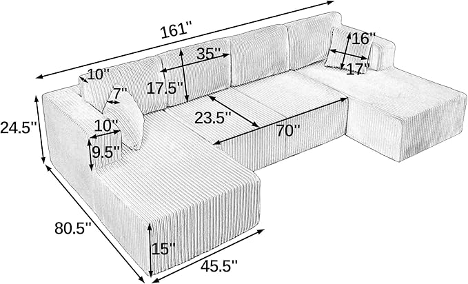 161 Oversized Cloud Boneless Sofa Couch with Chaise Modern Corduroy Modular Sectional Sofa with Deep Seat Comfy U Shaped Couch with Memory Foam for Living Room No Assembly Required (Beige)