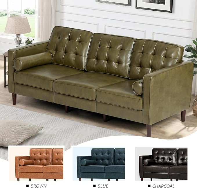 84” Faux Leather Sofa with Tufted Backrest Upholstered 3-Seat Couch with 2 Bolster Pillows Mid-Century Sofa with Wooden Legs for Living Room Bedroom Office Olive Green
