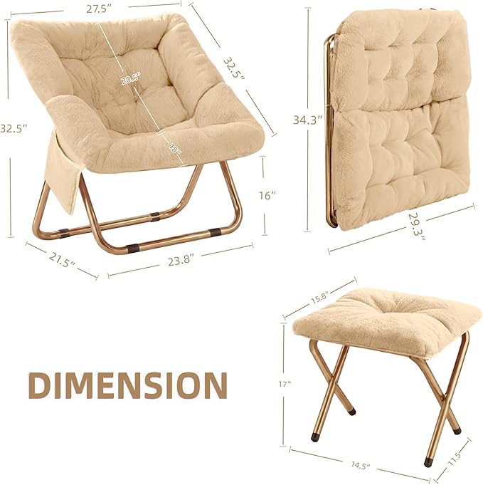 Comfy Saucer Chair Foldable Living Room Chairs Soft Faux Fur Lounge Chair for Bedroom Reading Chairs for Adults Teens X-Large (Beige)