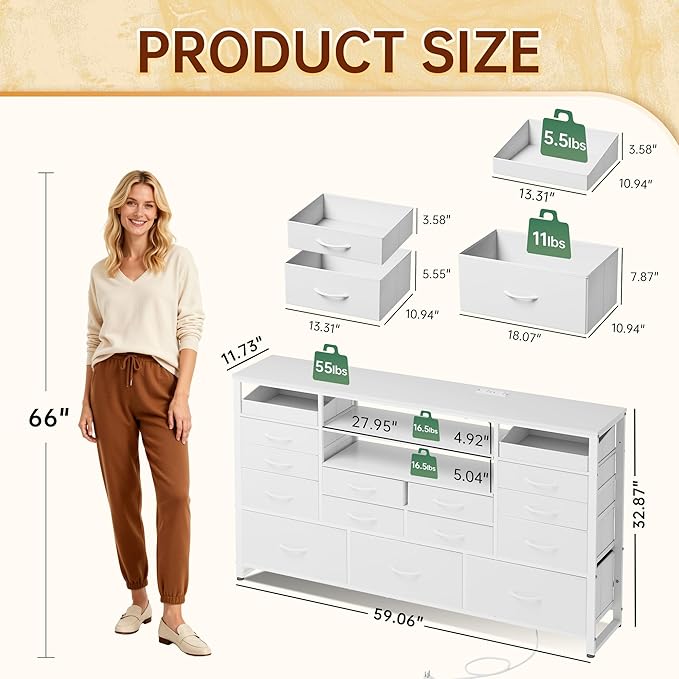 White TV Stand for 55 60 65 inch TV Entertainment Center with LED Lights &amp Charging Station TV Media Console Table with 15 Fabric Drawers and Open Shelves for Living Room Hallway