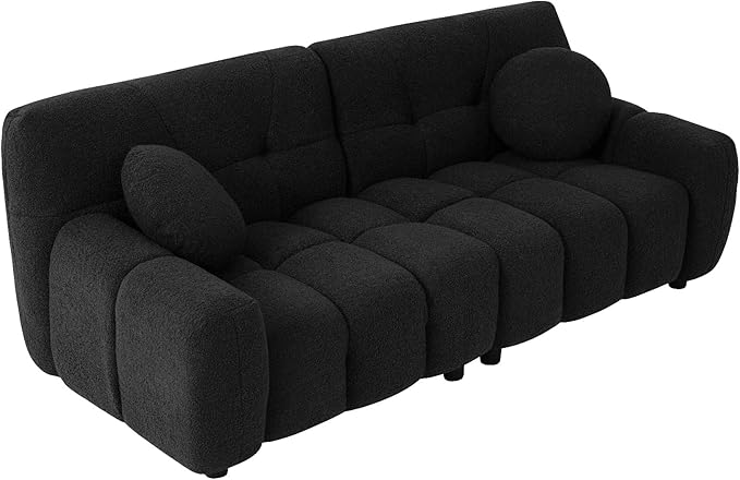 Modern Boucle Sofa Couch Comfy Deep Seat Teddy Cloud Couch 72.8 Upholstered Cozy Sherpa 2 Seater Couches with Pillows Oversized Loveseat Sofa for Living Room Apartment Black