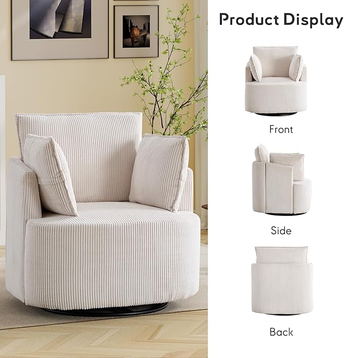 Bonzy Home 360° Swivel Accent Chair Comfy Corduroy Swivel Barrel Chair with 2 Soft Pillows Single Sofa for Living Room Bedroom Beige