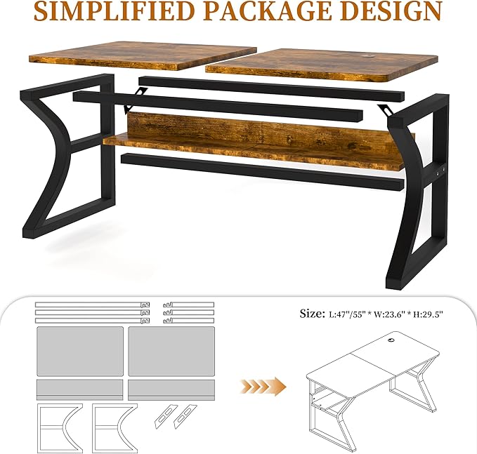 Oraspala﻿ Computer Desk 47 Inch Large Comouter Desk Home Office Desks with Storage Shelf Working Desk with Stable C-Shaped Legs Spacious Desktop for Home Office Gaming &amp Study (Brown 47inch)