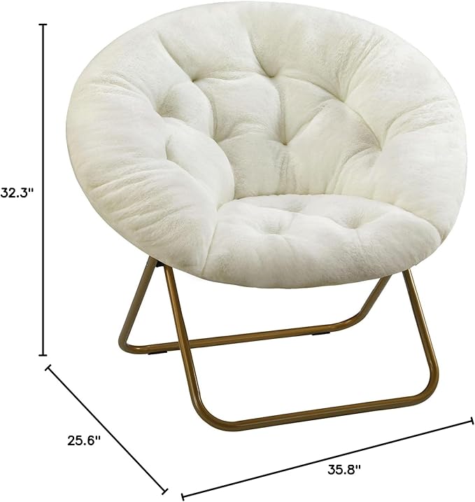 Sweetcrispy Cozy Saucer Chairs Faux Fur Living Room Reading Lounge Furniture Folding Comfy with Soft Thick Padded Seat Metal Frame Modern Style for Bedroom Home Adults X-Large White